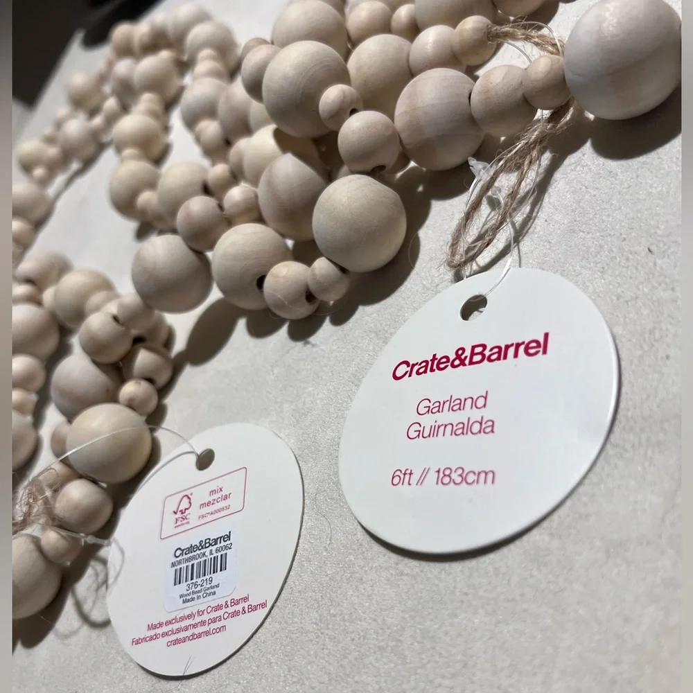 Crate and Barrel - Set of 2 Natural Wood Bead Garland 12 ft NWT (6ft each)